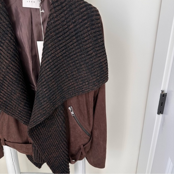 Lush Women’s Draped Faux Suede and Sweater Brown Open Front Moto Jacket Sz L - Picture 6 of 16